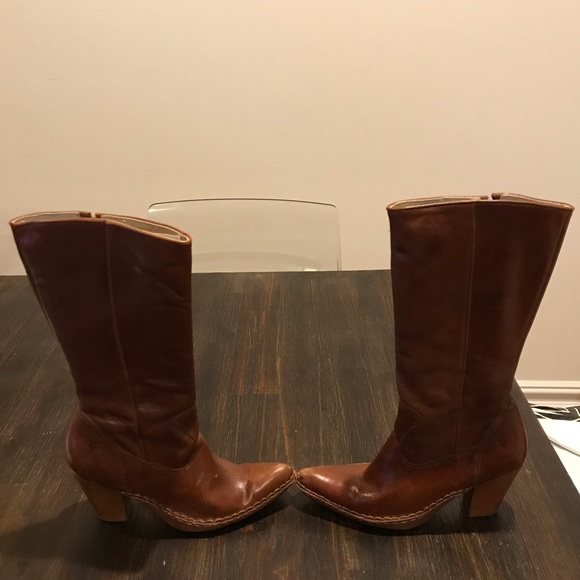 FRYE Regina Zip Boots Brown leather stacked - Picture 2 of 7